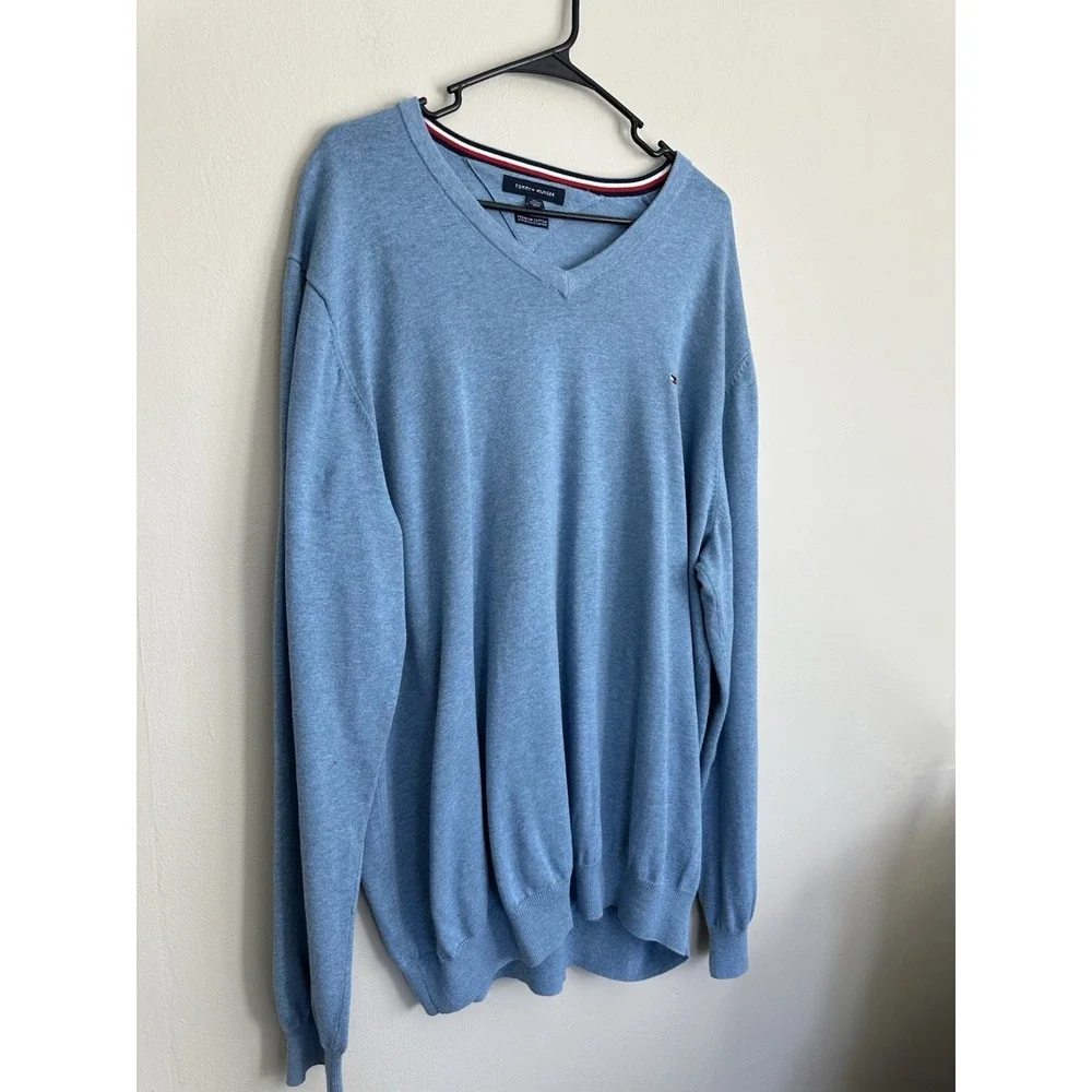 Tommy Hilfiger 3XL Premium Pima Cotton V-Neck Light Blue Sweater Big & Tall